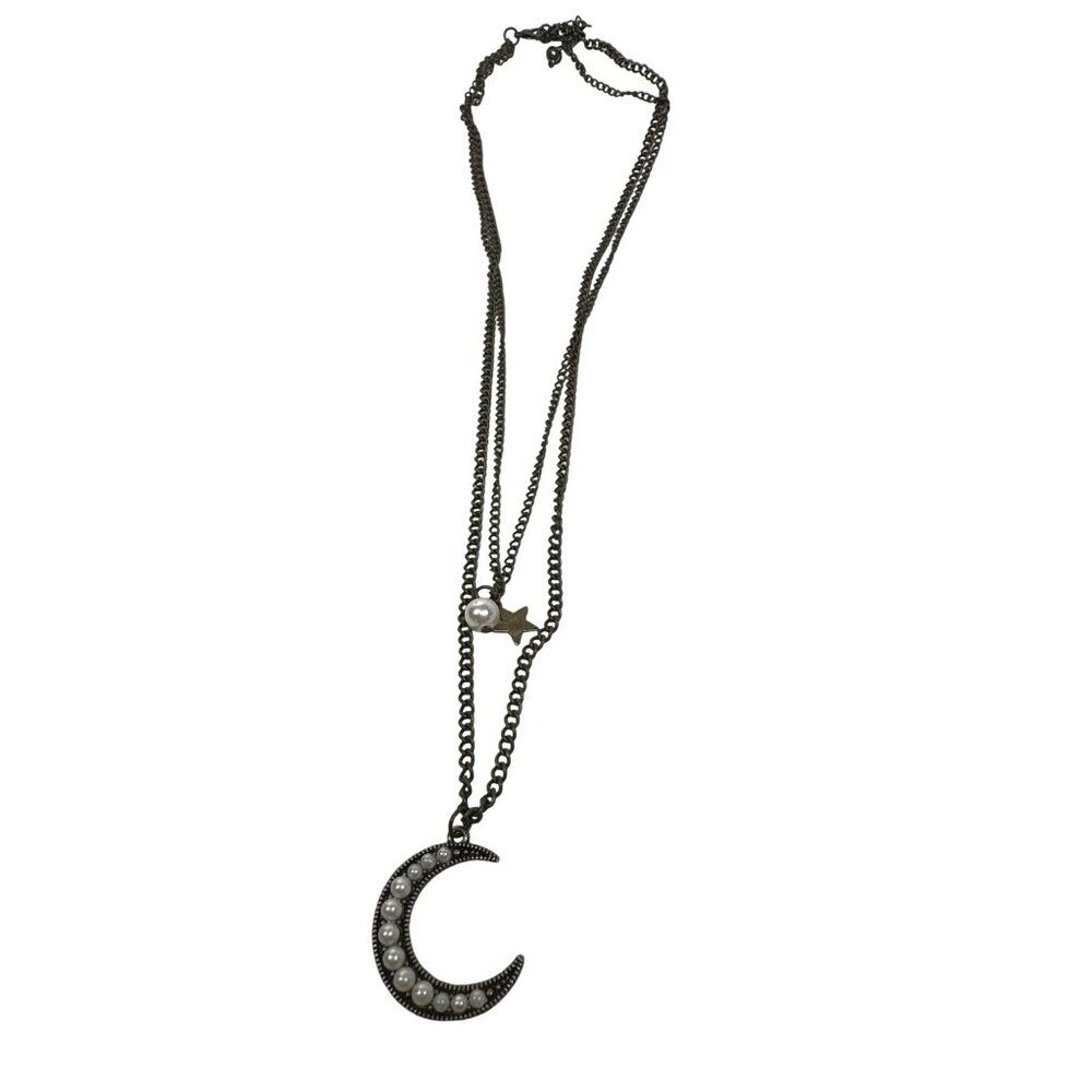 Crescent Moon Pendant Necklace Celestial Faux Pearls Star Charm Witchy 22"